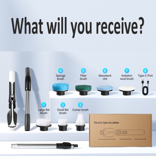 &nbsp;&nbsp;&nbsp;&nbsp;&nbsp;Brosse de nettoyage électrique sans fil avec 7 têtes de brosse de nettoyage réglables pour baignoire, cuisine, salle de