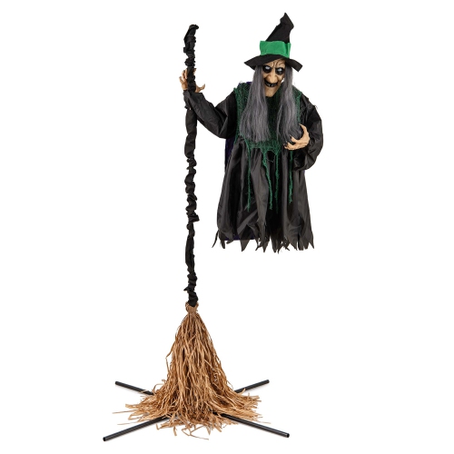 COSTWAY  Witch On Broom Halloween Animatronic Life Size Halloween Prop With Led Lights Laughing And Screaming