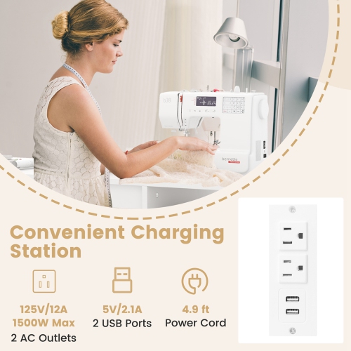 Costway Folding Sewing Table Charging Station Multifunctional Sewing Machine Cart Table