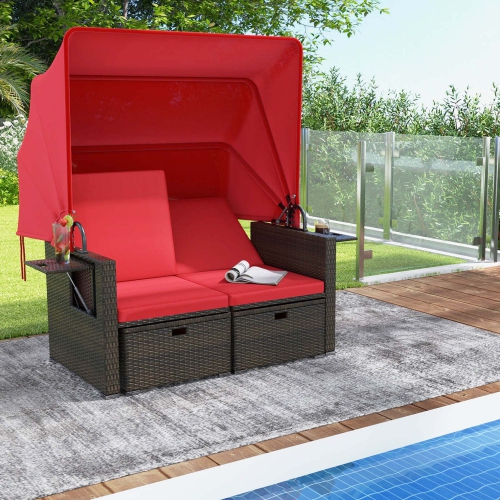 COSTWAY  Outdoor Patio Rattan Daybed With Retractable Canopy & Adjustable Backrests