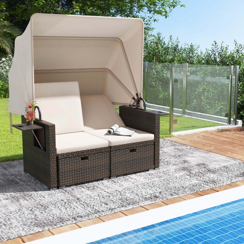 COSTWAY  Outdoor Patio Rattan Daybed With Retractable Canopy & Adjustable Backrests