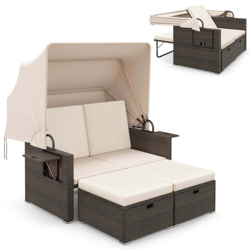 Costway Outdoor Patio Rattan Daybed with Retractable Canopy & Adjustable Backrests