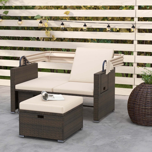 Costway Outdoor Patio Rattan Daybed with Retractable Canopy & Adjustable Backrests