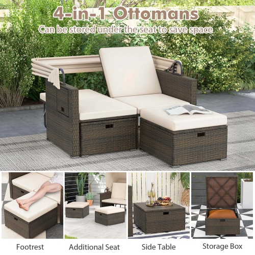 Costway Outdoor Patio Rattan Daybed with Retractable Canopy & Adjustable Backrests