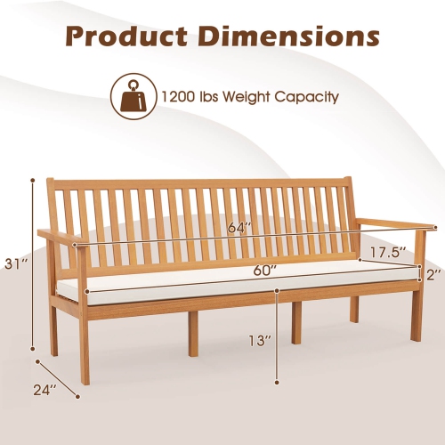 Costway Outdoor 3-Seat Wood Bench 64 Inches Extra Long Acacia Chair with Seat Cushion