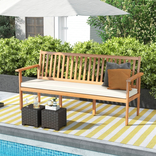 Costway Outdoor 3-Seat Wood Bench 64 Inches Extra Long Acacia Chair with Seat Cushion