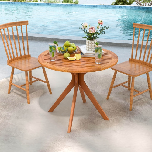 Costway 35.5 Inch Patio Wood Dining Table with Slatted Tabletop & Curved Legs for Backyard