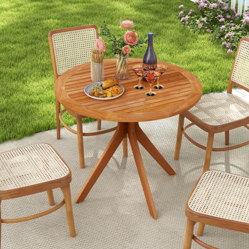 Costway 35.5 Inch Patio Wood Dining Table with Slatted Tabletop & Curved Legs for Backyard