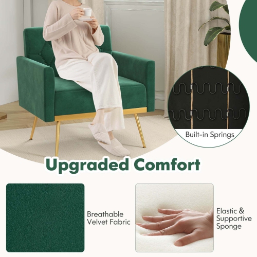 Chaise d'appoint moderne en velours avec dossier capitonné en métal doré et repose-pieds de Costway