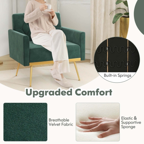 Chaise d'appoint moderne en velours avec dossier capitonné en métal doré et repose-pieds de Costway