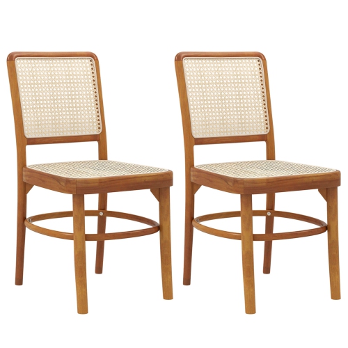 COSTWAY  Set Of 2 Boho Dining Chairs With Teak Wood Structure & Footrests for Indoor Use