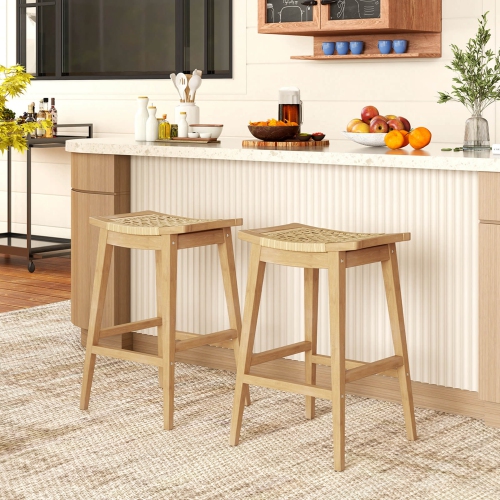Tabouret de bar en teck de 29 po avec repose-pieds et siège de selle Boho 2 de Costway
