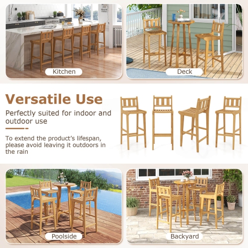 Costway 4 PCS 30" Teak Wood Bar Stool with Footrest & Backrest Wooden Bar Height Chair