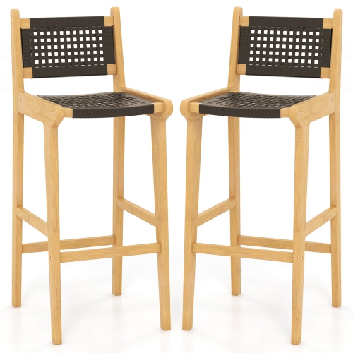 Costway 2 PCS 30" Teak Wood Bar Chair with Backrest & Footrest Bar Height Chair for Deck