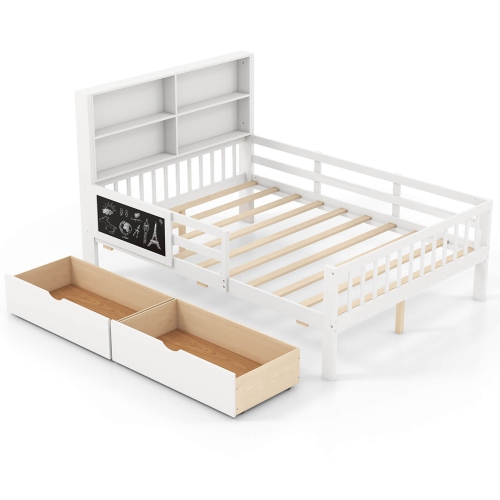 Costway Full Size Bed Frame with 2 Drawers Bookcase & Blackboard Full-length Guardrails