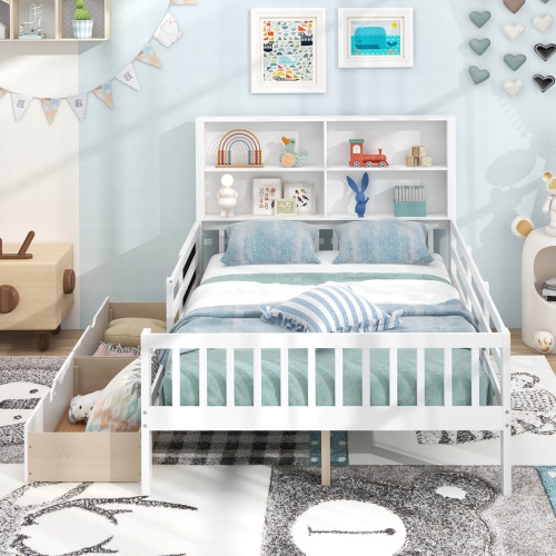 Costway Full Size Bed Frame with 2 Drawers Bookcase & Blackboard Full-length Guardrails