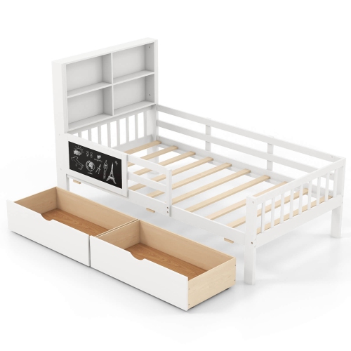 Costway Twin Size Bed Frame with 2 Drawers Bookcase & Blackboard Full-length Guardrails