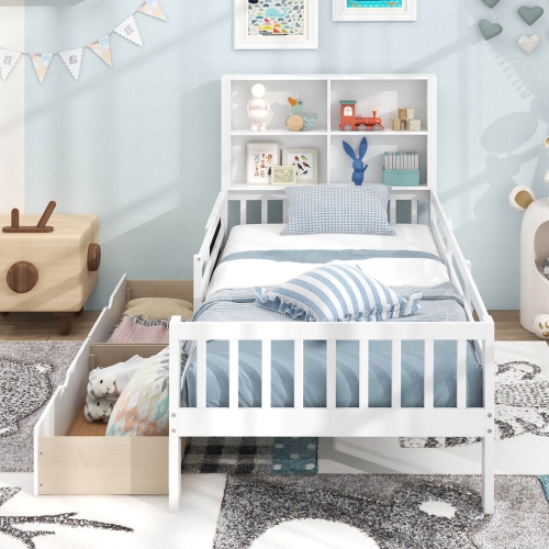 Costway Twin Size Bed Frame with 2 Drawers Bookcase & Blackboard Full-length Guardrails