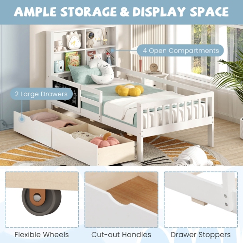 Costway Twin Size Bed Frame with 2 Drawers Bookcase & Blackboard Full-length Guardrails