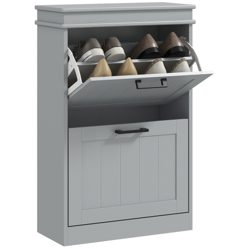 HOMCOM 2 Drawers Entryway Shoe Cabinet, Narrow Shoe Storage Cabinet with 2 Flip Drawers and Adjustable Shelves for 10 Pairs of Shoes, Grey