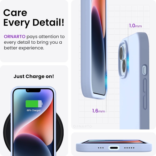 ORNARTO compatible avec l’étui iPhone 14 6,1, étui protecteur mince en silicone liquide 3 couches avec couverture souple en caoutchouc de gel, étui