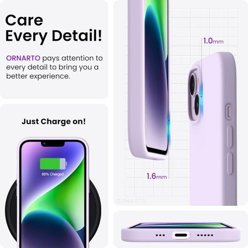 ORNARTO Compatible with iPhone 14 Case 6.1, Slim Liquid Silicone 3 Layers Full Covered Soft Gel Rubber Case Protective Cover 6.1 inch-Pastel Lilac