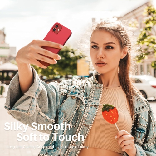 ORNARTO Compatible with iPhone 12 Mini Case, Slim Liquid Silicone 3 Layers Full Covered Soft Gel Rubber with Microfiber Case Cover 5.4 inch-Red