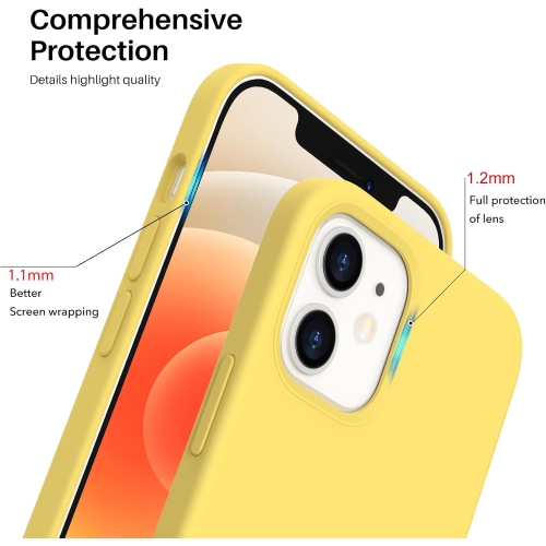 ORNARTO compatible avec iPhone 12 Mini, Slim Liquid silicone 3 couches, caoutchouc souple entièrement couvert, étui en microfibre 5,4&nbsp;po-Jaune