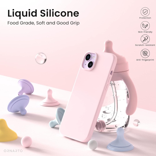 ORNARTO Compatible with iPhone 14 Case 6.1, Slim Liquid Silicone 3 Layers Full Covered Soft Gel Rubber Case Protective Cover 6.1 inch-Chalk Pink