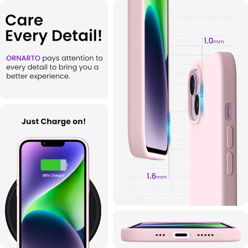 ORNARTO Compatible with iPhone 14 Case 6.1, Slim Liquid Silicone 3 Layers Full Covered Soft Gel Rubber Case Protective Cover 6.1 inch-Chalk Pink