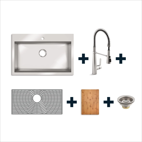 Kohler 33" Wide Pro-Inspired Kitchen Sink Kit w/ Cutting Board + Faucet