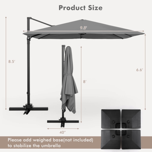 Costway Patio 9.5FT Square Cantilever Offset Hanging Umbrella 2-Tier 360° Outdoor