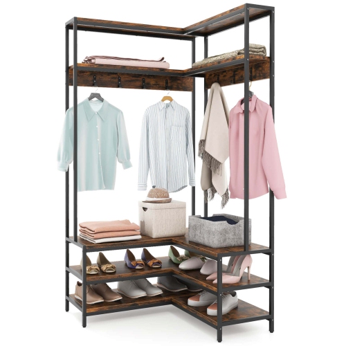 Costway Corner Garment Rack L-shaped Clothes Rack with Open Shelves & Adjustable Foot Pads