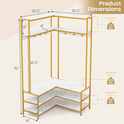 Costway Corner Garment Rack L-shaped Clothes Rack with Open Shelves & Adjustable Foot Pads