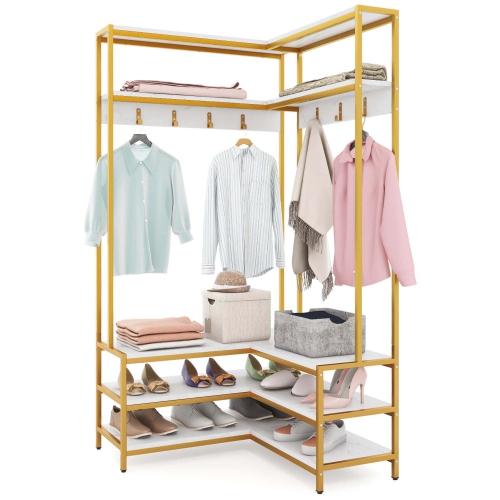 Costway Corner Garment Rack L-shaped Clothes Rack with Open Shelves & Adjustable Foot Pads