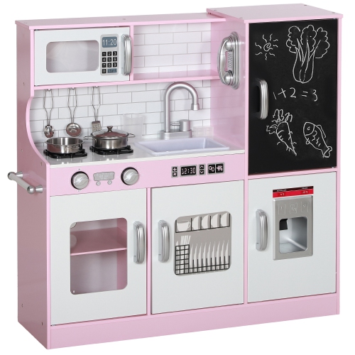 Qaba Play Kitchen for Kids, Kids Kitchen Playset, Pretend Play Kitchen Set with Chalkboard, Ice Maker, Play Phone, Sink, Microwave, 5 Accessories, fo