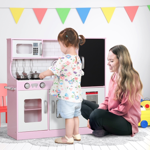 Qaba Play Kitchen for Kids, Kids Kitchen Playset, Pretend Play Kitchen Set with Chalkboard, Ice Maker, Play Phone, Sink, Microwave, 5 Accessories,