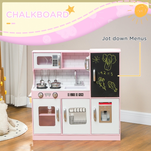 Qaba Play Kitchen for Kids, Kids Kitchen Playset, Pretend Play Kitchen Set with Chalkboard, Ice Maker, Play Phone, Sink, Microwave, 5 Accessories,