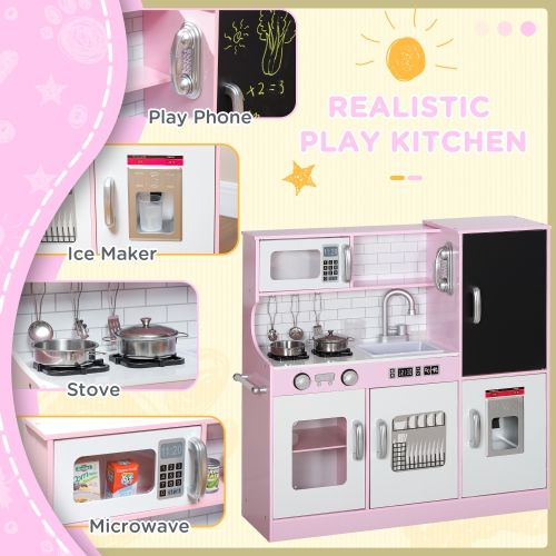 Qaba Play Kitchen for Kids, Kids Kitchen Playset, Pretend Play Kitchen Set with Chalkboard, Ice Maker, Play Phone, Sink, Microwave, 5 Accessories,