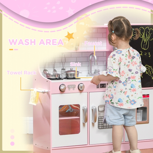 Qaba Play Kitchen for Kids, Kids Kitchen Playset, Pretend Play Kitchen Set with Chalkboard, Ice Maker, Play Phone, Sink, Microwave, 5 Accessories,