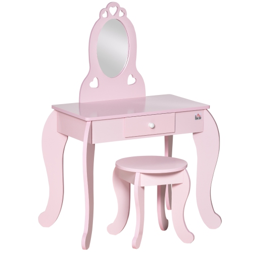 Qaba Vanity Table Set, Kids Dressing Table with Mirror and Stool, Princess Design Makeup Vanity Table with Storage Drawer, for Girls 3-6 Years, Pink