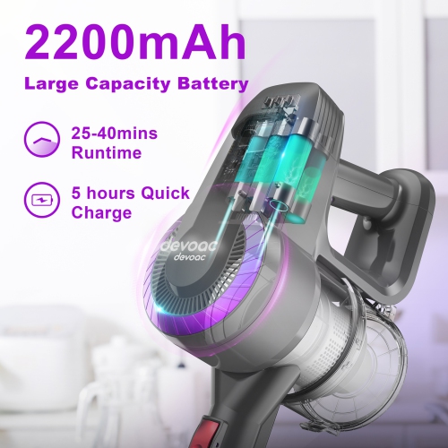 Aspirateur sans fil DEVOAC N300, aspirateur-balai ultraléger 6-en-1, batterie 2200 mAh jusqu'à 40mins heures d'autonomie, puissant aspirateur