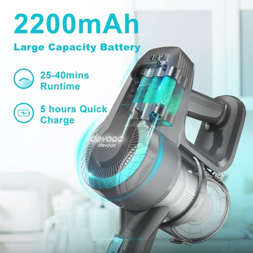 Aspirateur sans fil DEVOAC N300, aspirateur-balai ultraléger 6-en-1, batterie 2200&nbsp;mAh jusqu'à 40mins heures d'autonomie, puissant aspirateur à