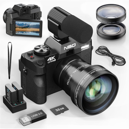 NBD 4K Digital Cameras for Photography - 48MP Travel Photography & YouTube Vlogging Camera with Microphone 16X Digital Zoom, Includes 32GB SD Card an