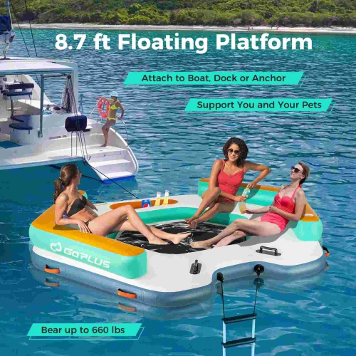 Goplus 8.7 ft Inflatable Floating Dock with Detachable Ladder Mesh Swim Lounge Beach