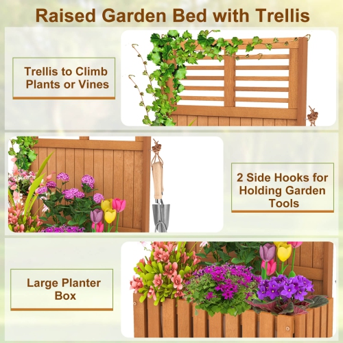 Costway 2 PCS Wooden Plant Stand Raised Garden Bed with Trellis & Planter Box Privacy Screen