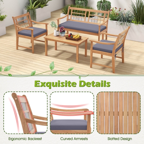 Costway 4 PCS Wood Patio Furniture Set with Soft Seat Cushions Solid Acacia Wood Frame