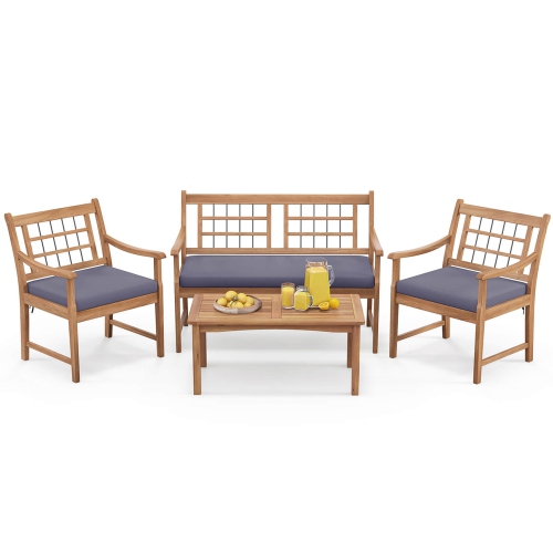 Costway 4 PCS Wood Patio Furniture Set with Soft Seat Cushions Solid Acacia Wood Frame