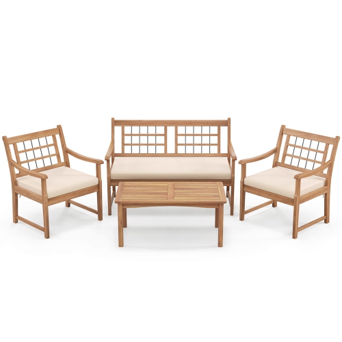Costway 4 PCS Wood Patio Furniture Set with Soft Seat Cushions Solid Acacia Wood Frame