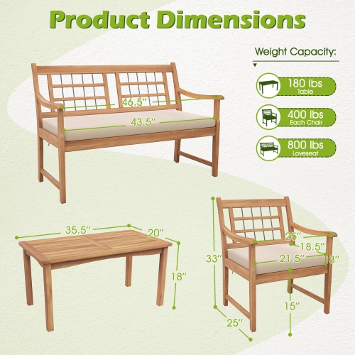 Costway 4 PCS Wood Patio Furniture Set with Soft Seat Cushions Solid Acacia Wood Frame